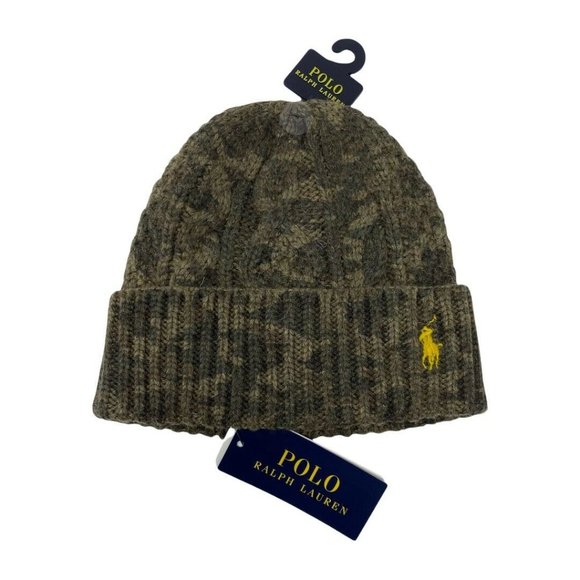 POLO RALPH LAUREN Camouflage Cable Knit Camo Beanie Hat Olive Green - Picture 4 of 12